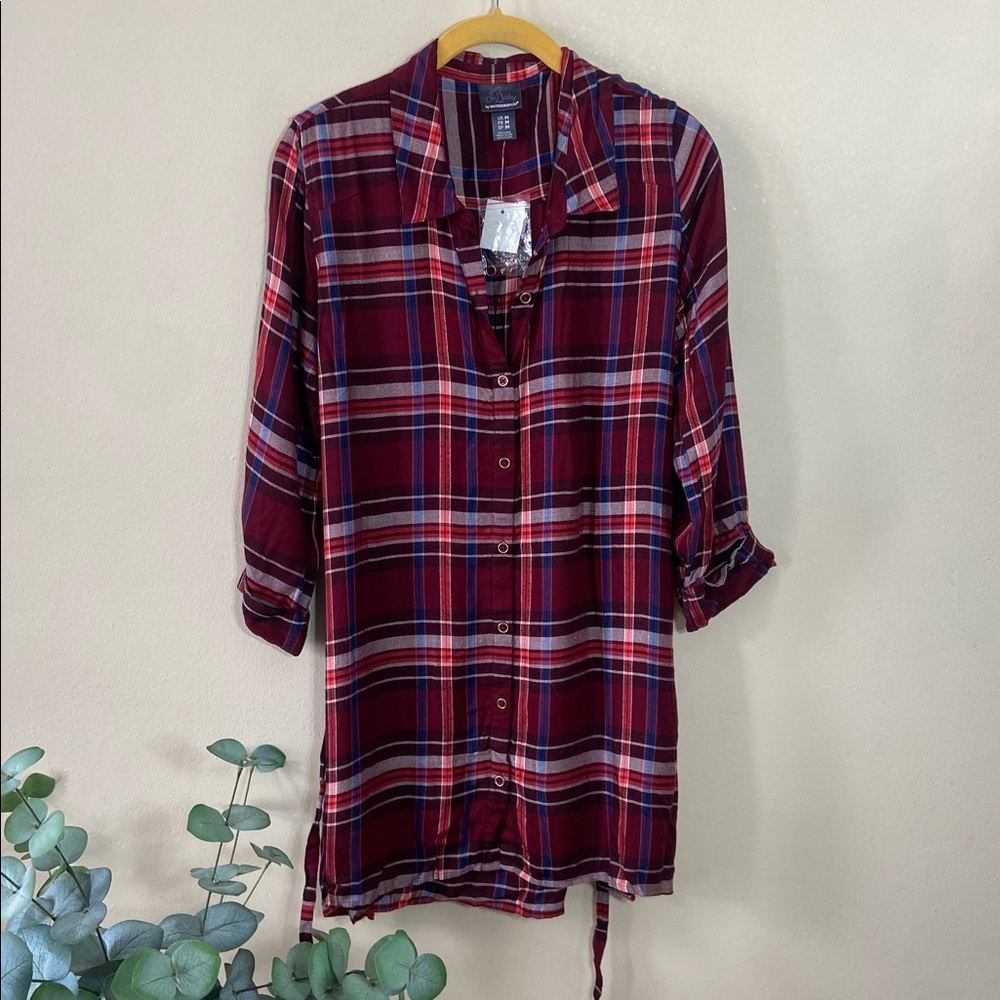 New Red Blue Plaid Checkered Maternity Button Down Top Medium Tunic Pregnancy